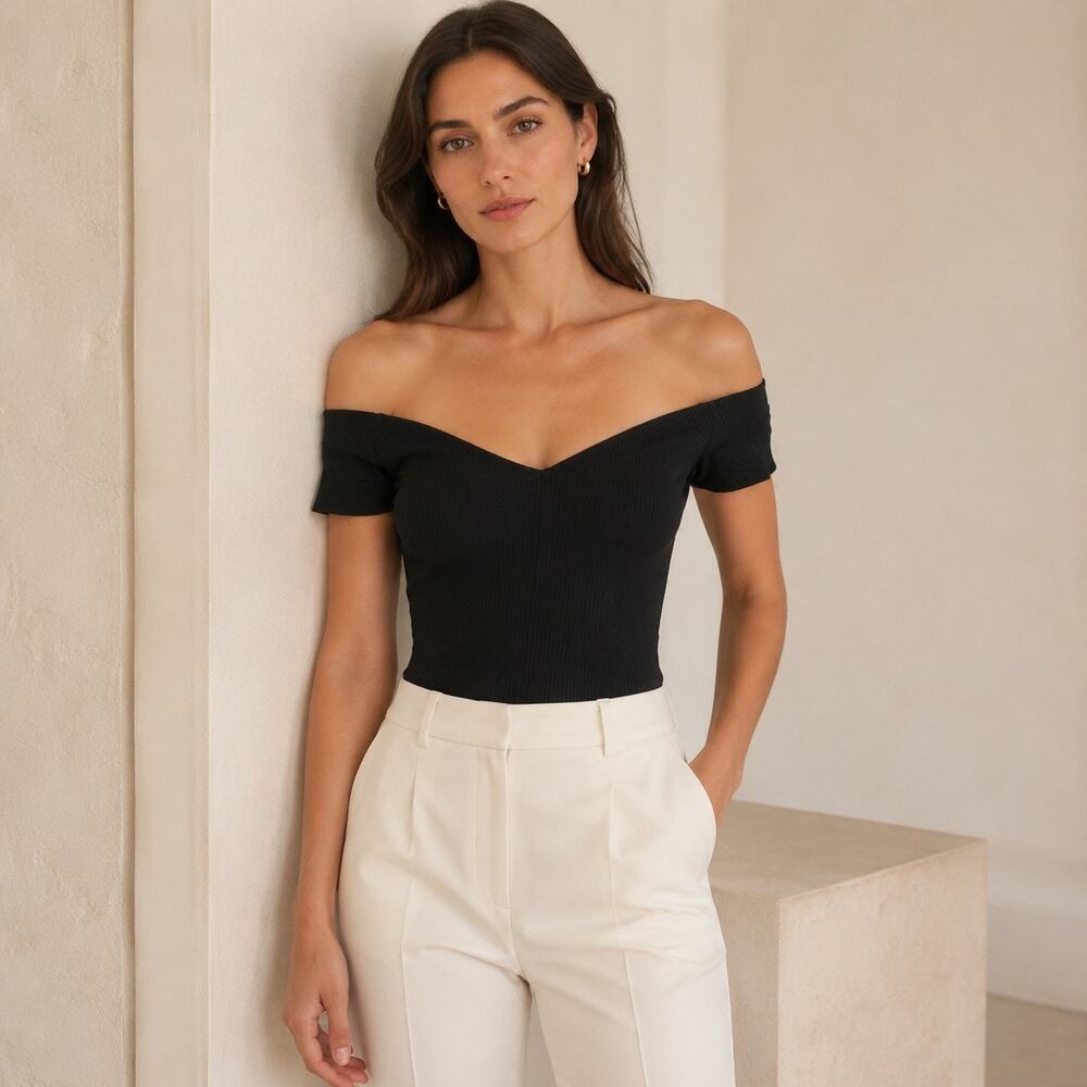 Off Shoulder Minimalist Feminine Luxe Reformation Black Ribbed Fitted Top M